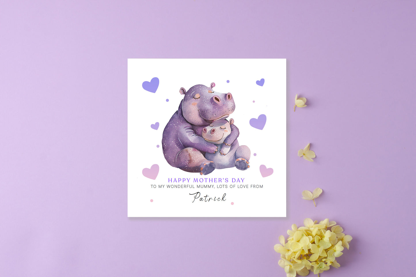 Personalised Happy Mother's Day Card with Custom Name for Her, Mummy, Mama, Mum, Mother to be, Grandma from Children, Son & Daughter – Cute Hippo Mum & Kid  - Purple Envelope Included