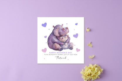 Personalised Happy Mother's Day Card with Custom Name for Her, Mummy, Mama, Mum, Mother to be, Grandma from Children, Son & Daughter – Cute Hippo Mum & Kid  - Purple Envelope Included
