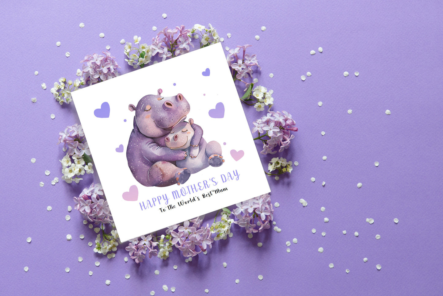Happy Mother’s Day Card To The World's Best Mum for Her, Mummy, Mama, Mum, Mother to be, Grandma from Children, Son & Daughter – Cute Hippo Mummy & Kid Design - Purple Envelope Included