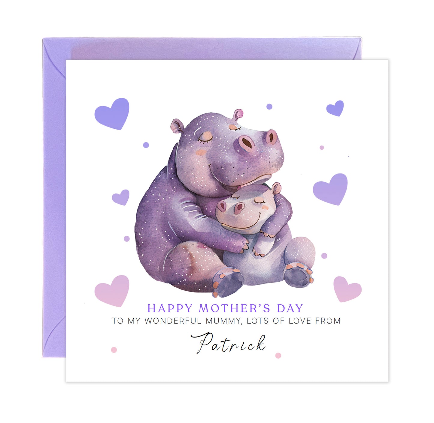Personalised Happy Mother's Day Card with Custom Name for Her, Mummy, Mama, Mum, Mother to be, Grandma from Children, Son & Daughter – Cute Hippo Mum & Kid  - Purple Envelope Included