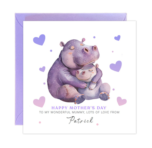 Personalised Happy Mother's Day Card with Custom Name for Her, Mummy, Mama, Mum, Mother to be, Grandma from Children, Son & Daughter – Cute Hippo Mum & Kid  - Purple Envelope Included