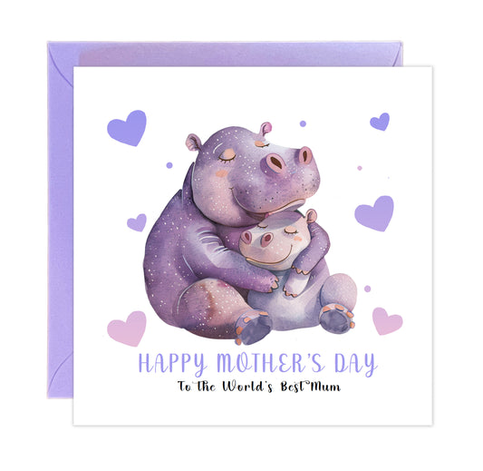 Happy Mother’s Day Card To The World's Best Mum for Her, Mummy, Mama, Mum, Mother to be, Grandma from Children, Son & Daughter – Cute Hippo Mummy & Kid Design - Purple Envelope Included