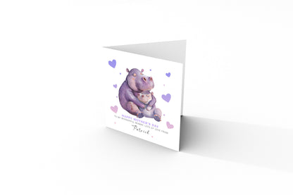 Personalised Happy Mother's Day Card with Custom Name for Her, Mummy, Mama, Mum, Mother to be, Grandma from Children, Son & Daughter – Cute Hippo Mum & Kid  - Purple Envelope Included