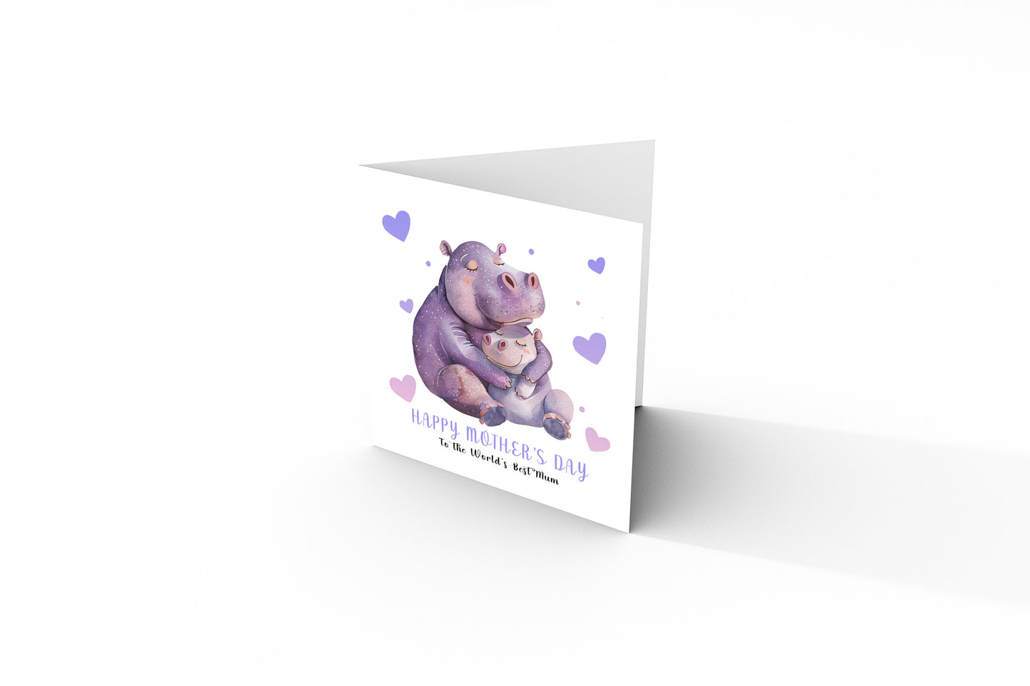 Happy Mother’s Day Card To The World's Best Mum for Her, Mummy, Mama, Mum, Mother to be, Grandma from Children, Son & Daughter – Cute Hippo Mummy & Kid Design - Purple Envelope Included
