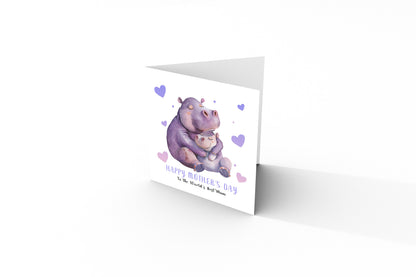 Happy Mother’s Day Card To The World's Best Mum for Her, Mummy, Mama, Mum, Mother to be, Grandma from Children, Son & Daughter – Cute Hippo Mummy & Kid Design - Purple Envelope Included