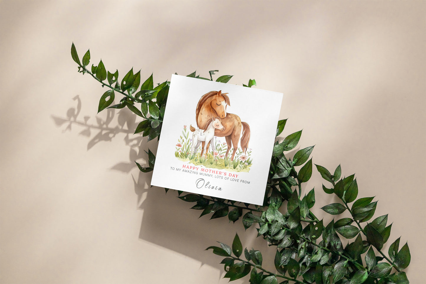 Personalised Happy Mother's Day Card with Custom Name for Mummy, Mama, Mother to be, Step-Mum, Grandma from Children, Son & Daughter – Beautiful Horse Mum & Kid - Pink Envelope Included