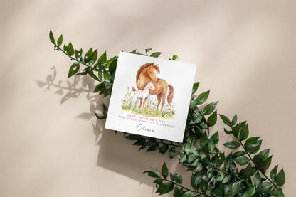 Personalised Happy Mother's Day Card with Custom Name for Mummy, Mama, Mother to be, Step-Mum, Grandma from Children, Son & Daughter – Beautiful Horse Mum & Kid - Pink Envelope Included