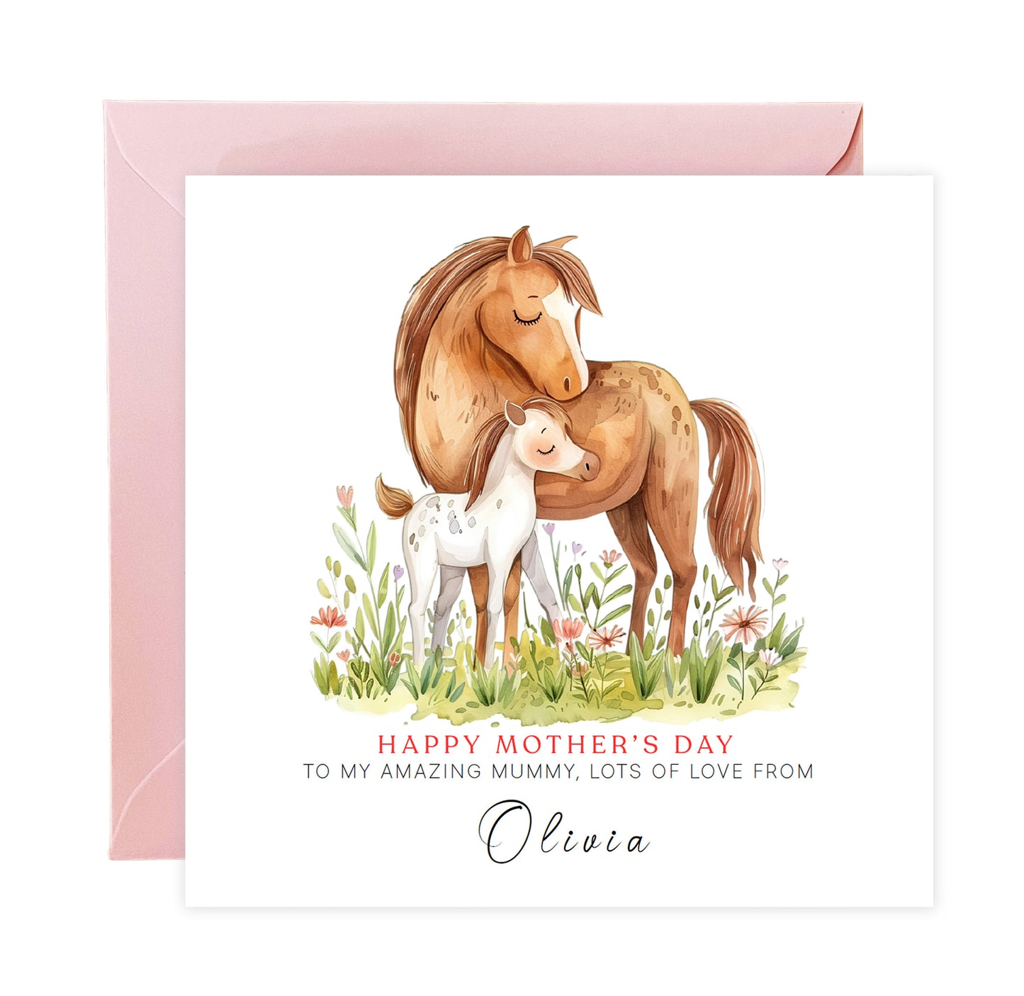 Personalised Happy Mother's Day Card with Custom Name for Mummy, Mama, Mother to be, Step-Mum, Grandma from Children, Son & Daughter – Beautiful Horse Mum & Kid - Pink Envelope Included