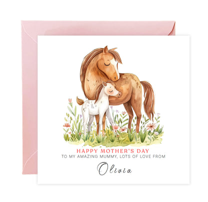 Personalised Happy Mother's Day Card with Custom Name for Mummy, Mama, Mother to be, Step-Mum, Grandma from Children, Son & Daughter – Beautiful Horse Mum & Kid - Pink Envelope Included