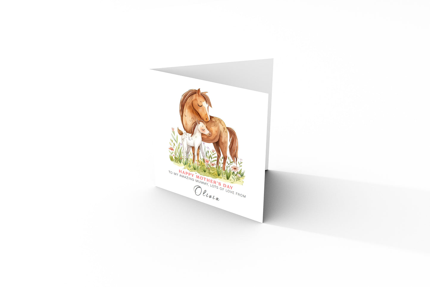 Personalised Happy Mother's Day Card with Custom Name for Mummy, Mama, Mother to be, Step-Mum, Grandma from Children, Son & Daughter – Beautiful Horse Mum & Kid - Pink Envelope Included