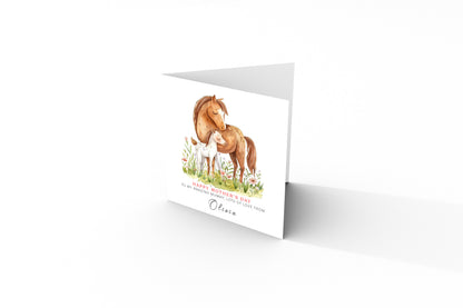 Personalised Happy Mother's Day Card with Custom Name for Mummy, Mama, Mother to be, Step-Mum, Grandma from Children, Son & Daughter – Beautiful Horse Mum & Kid - Pink Envelope Included
