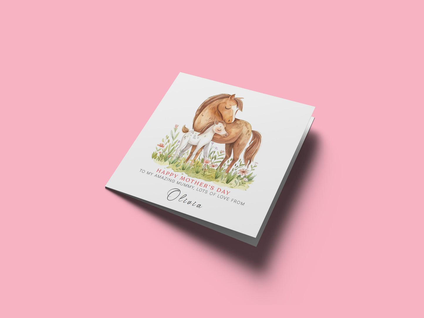 Personalised Happy Mother's Day Card with Custom Name for Mummy, Mama, Mother to be, Step-Mum, Grandma from Children, Son & Daughter – Beautiful Horse Mum & Kid - Pink Envelope Included