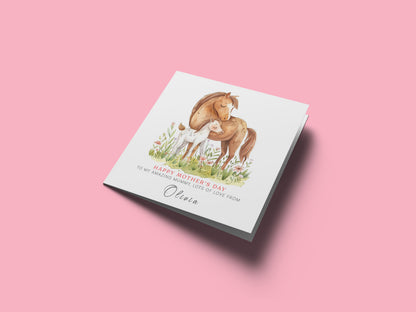 Personalised Happy Mother's Day Card with Custom Name for Mummy, Mama, Mother to be, Step-Mum, Grandma from Children, Son & Daughter – Beautiful Horse Mum & Kid - Pink Envelope Included