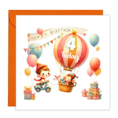 Happy 4th Birthday Card for Boys – Cute Hot Balloon with Monkey Design, Age 4 Years Old Birthday Card for Kids, Children, Boy, Son, Grandson, Nephew – Orange Envelope Included