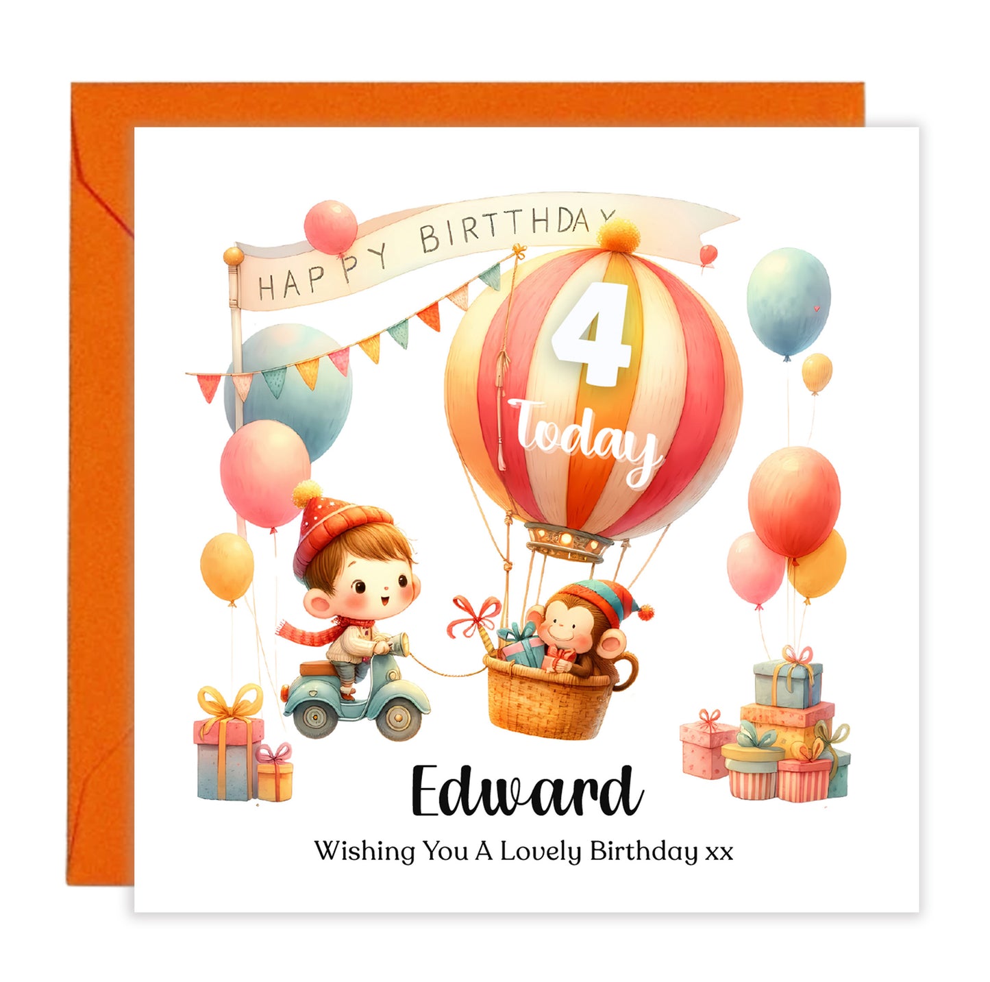 Personalised 4th Birthday Card for Boys – Cute Hot Balloon Design with Custom Name and Message, Age 4 Years Old Birthday Card for Kids, Children, Boy, Son, Grandson, Nephew– Orange Envelope Included