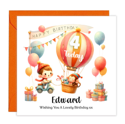 Personalised 4th Birthday Card for Boys – Cute Hot Balloon Design with Custom Name and Message, Age 4 Years Old Birthday Card for Kids, Children, Boy, Son, Grandson, Nephew– Orange Envelope Included