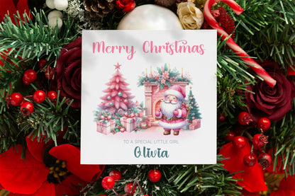 Personalised Pink Christmas Card for Her and Girls – Santa Design with Custom Name & Message,1st Xmas Card for Baby Girl, Pink Xmas Card for Girlfriend, Wife, Niec, Kids, Granddaughter with Envelope