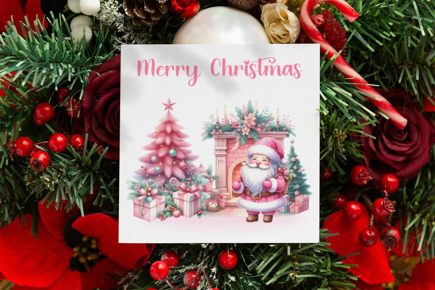 Pink Christmas Card for Her and Girls – Santa and Festive Design - 1st Xmas Card for Baby Girl, Pink Xmas Card for Girlfriend, Wife, Niece, Kids, Toddler, Your Princess with Pink Envelope