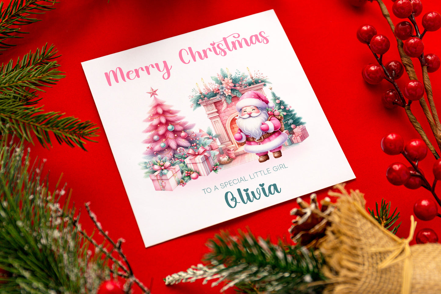 Personalised Pink Christmas Card for Her and Girls – Santa Design with Custom Name & Message,1st Xmas Card for Baby Girl, Pink Xmas Card for Girlfriend, Wife, Niec, Kids, Granddaughter with Envelope