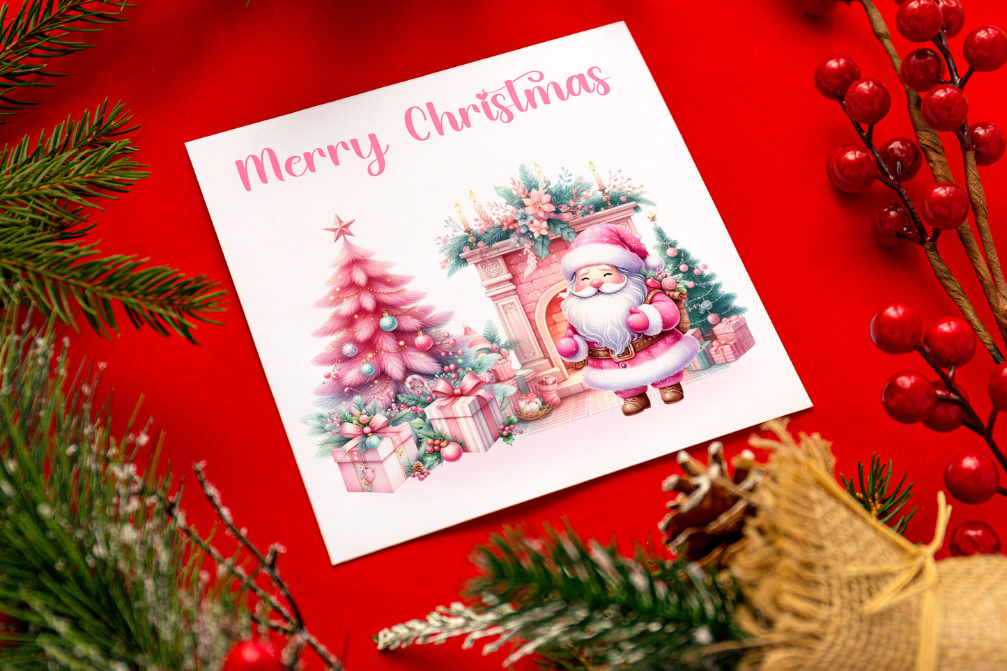 Pink Christmas Card for Her and Girls – Santa and Festive Design - 1st Xmas Card for Baby Girl, Pink Xmas Card for Girlfriend, Wife, Niece, Kids, Toddler, Your Princess with Pink Envelope