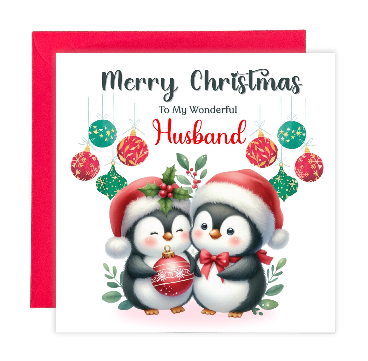 Cute Penguin Couple Merry Christmas Card – Penguins Xmas Card for Him or Her  – 6 Options Available: Boyfriend, Girlfriend, Husband, Wife, Fiancé & Fiancée – Red Envelope Included