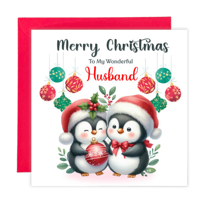 Cute Penguin Couple Merry Christmas Card – Penguins Xmas Card for Him or Her  – 6 Options Available: Boyfriend, Girlfriend, Husband, Wife, Fiancé & Fiancée – Red Envelope Included