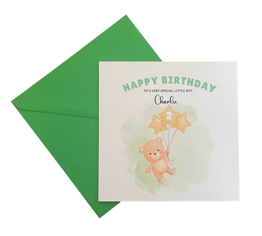 Bear with Star Balloons-Personalised Birthday Folded Card for Boys, Custom Name, Age and Message, Watercolour Effect Happy Birthday Card, Any Age Birthday, 1st 2nd 3rd 4th 5th 6th 7th 8th 9th 10th, Customisable Birthday Card for Children