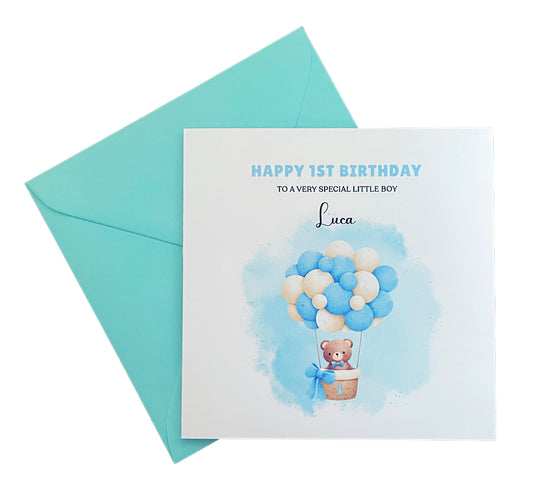 Bear in a Hot Ballon -Personalised Watercolour Effect 1 Year Birthday Folded Card for Boys, Custom Name and Message One- Year-Old Happy 1st Birthday Card, Customisable Birthday Card for Children
