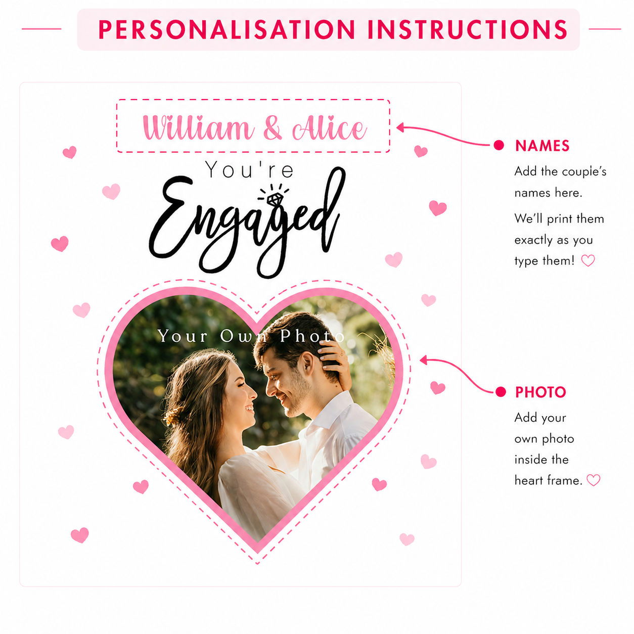Personalised Photo Engagement Card – Custom Photo & Couple's Names - Heart Photo Frame Design - Congratulations Engagement Card for Newly Engaged Couples - Pink Envelope Included