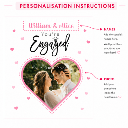 Personalised Photo Engagement Card – Custom Photo & Couple's Names - Heart Photo Frame Design - Congratulations Engagement Card for Newly Engaged Couples - Pink Envelope Included