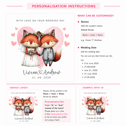 Personalised Wedding Card with Custom Couple's Names & Wedding Date – Cute Fox Design - Wedding Congratulations Card for Newlywed couples, Animal Lovers, Him or Her - Pink Envelope Included