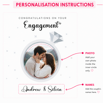 Personalised Photo Engagement Card – Custom Photo & Couple's Names - Diamond Ring Photo Frame Design - Congratulations Engagement Card for Newly Engaged Couples - Kraft Envelope Included