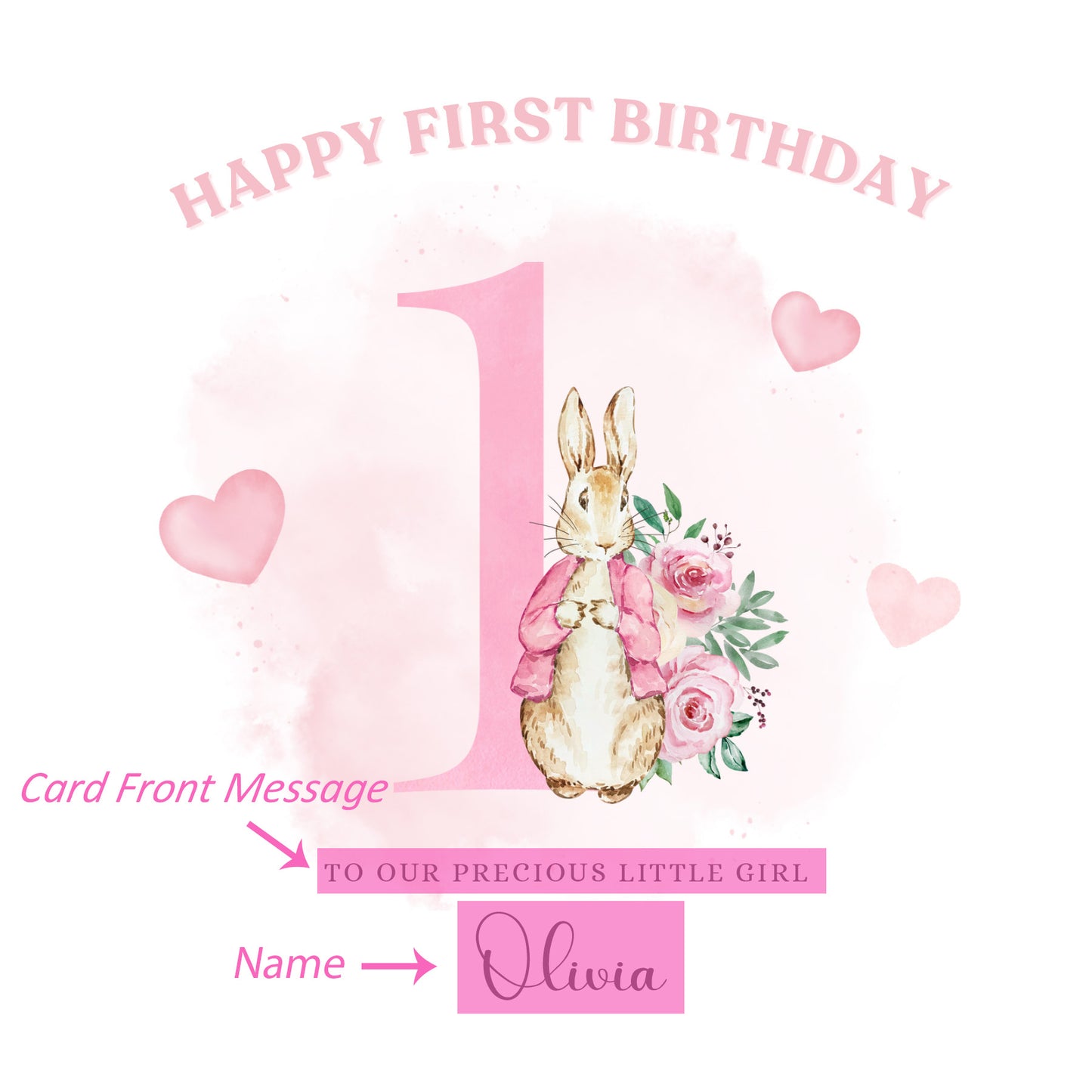 Pink Rabbit -Personalised Watercolour Effect 1 Year Birthday Folded Card for Girls, Custom Name and Message One- Year Old Happy 1st Birthday Card, Customisable Birthday Card for Children