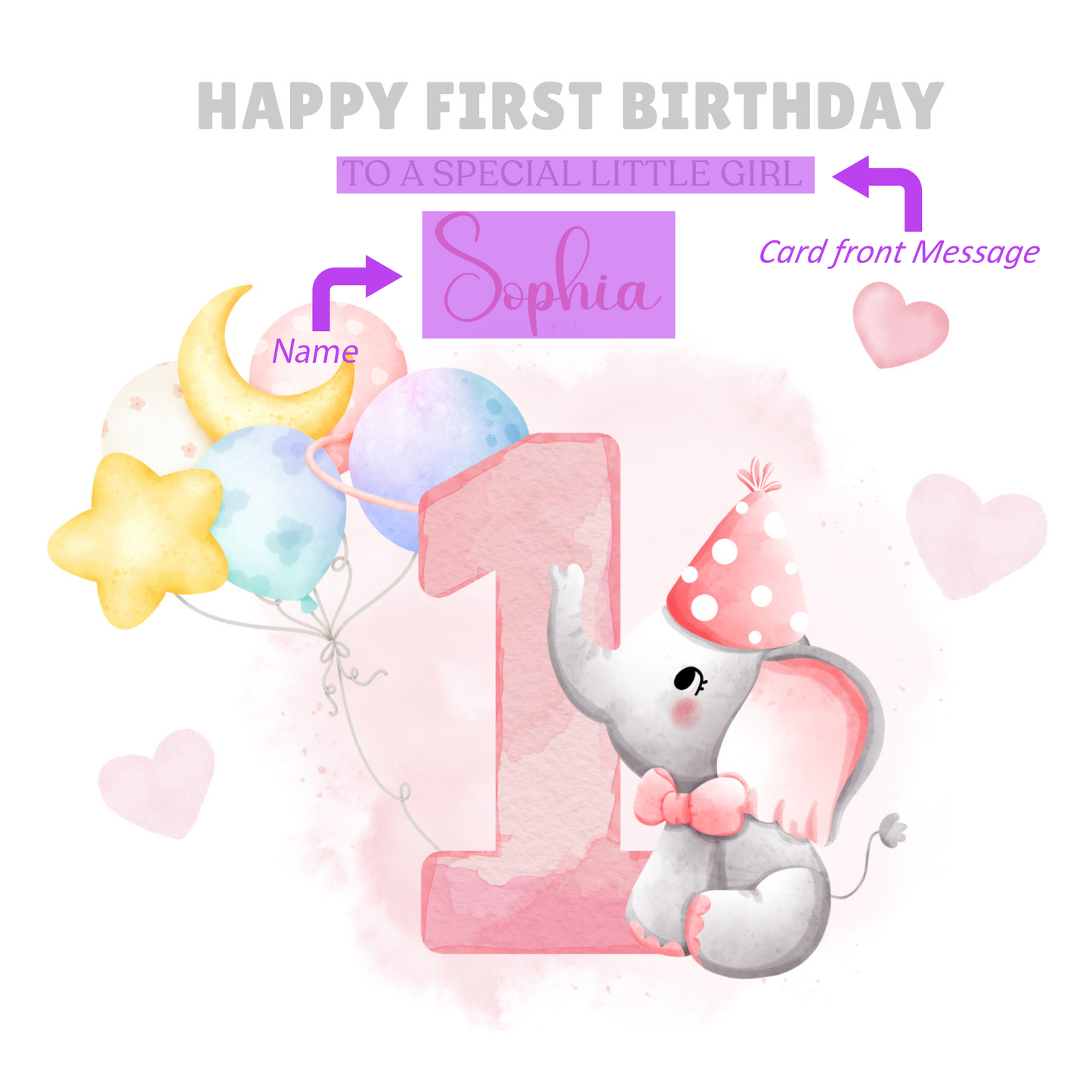 Elephant -Personalised Watercolour Effect 1 Year Birthday Folded Card for Girls, Custom Name and Message One- Year Old Happy 1st Birthday Card, Customisable Birthday Card