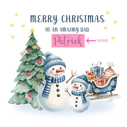 Personalised Christmas Card for Dad 2025 – Custom Name Xmas Card for an Amazing Dad – Cute Snowman & Tree Design – Festive Holiday Greeting Card with Blue Envelope – Gift from Son or Daughter