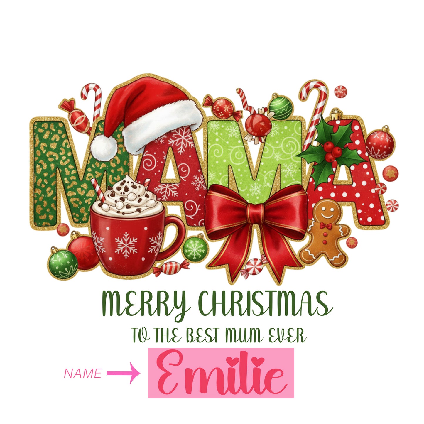 Personalised Christmas Card for MAMA Mum from Son or Daughter - Customised Name  – Mum Mummy Mama Xmas Card from Son, Daughter, Baby Boy, Baby GIrl - Red Envelope Included