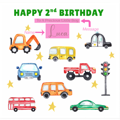 Personalised Two Years Old 2nd Birthday Card for Boy – Custom Name & Message – Cute Cars Design - Kids Birthday Card for Two-Year-Old Toddler Boys, Son, Nephew, Grandson (Blue or Green)