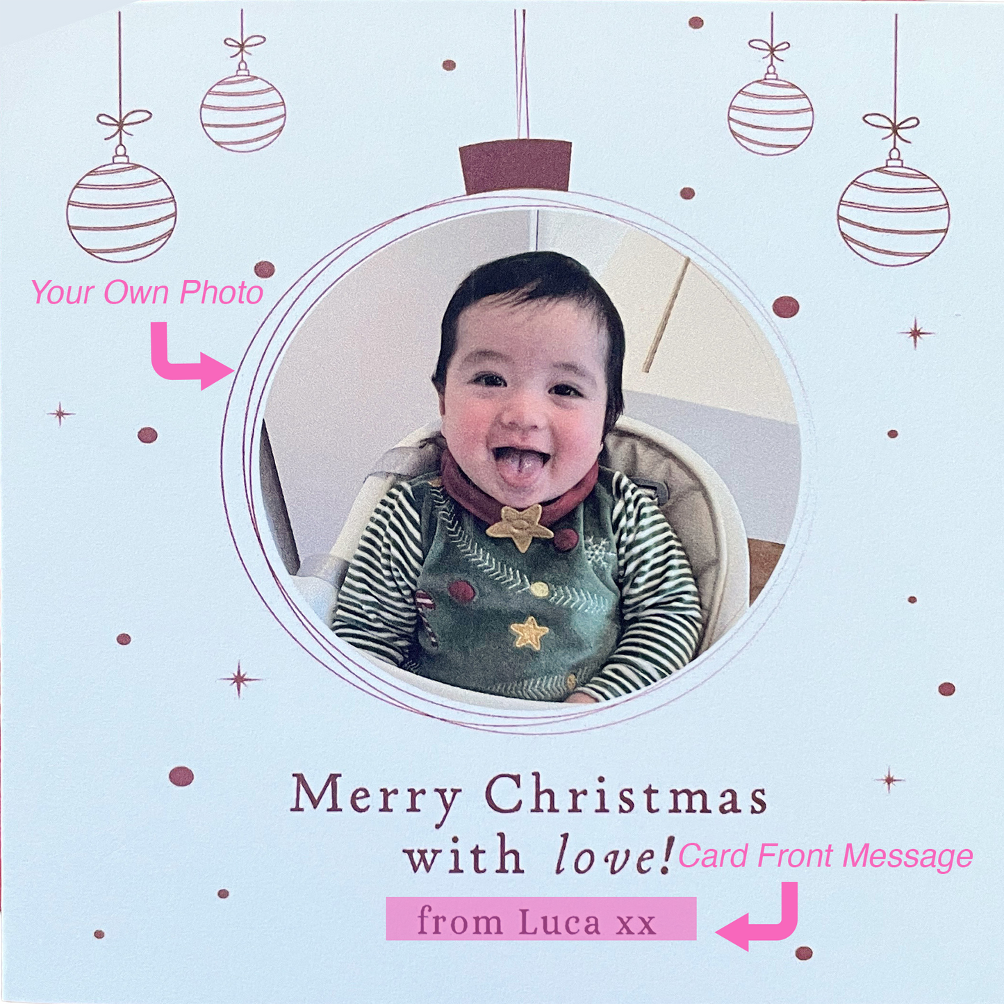 Personalised Photo Christmas Card – Christmas Baubles Design Merry Xmas Card with Customised Photo & Message - from Family, Children, Pet and Loved Ones - Red Envelope Included
