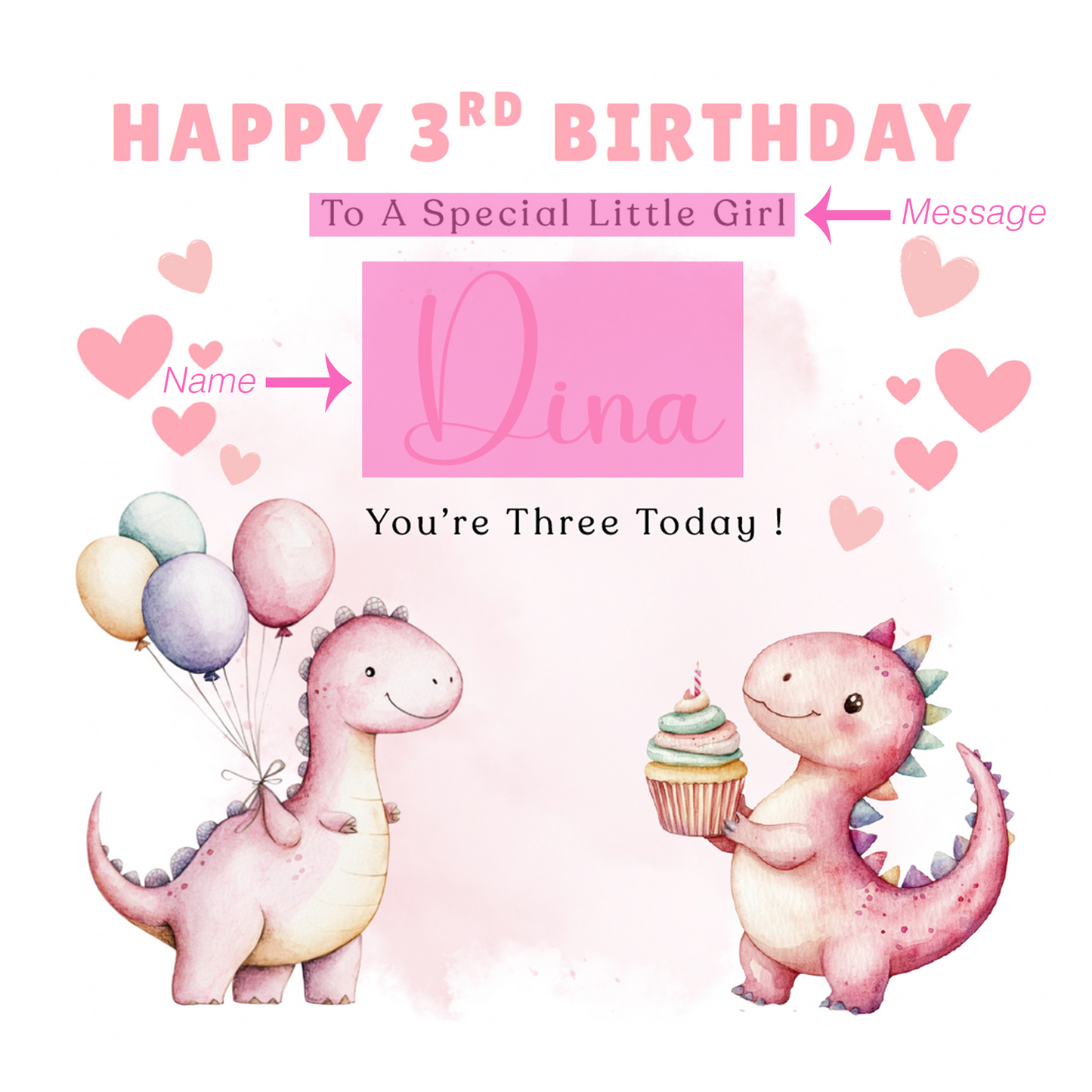 3 Years Old 3rd Birthday Card for Toddler Girl – Cute Dinosaur Design - Age 3 Year Old Magical Birthday Card for Little Girls, Daughter, Granddaughter, Niece - Pink Envelope Included