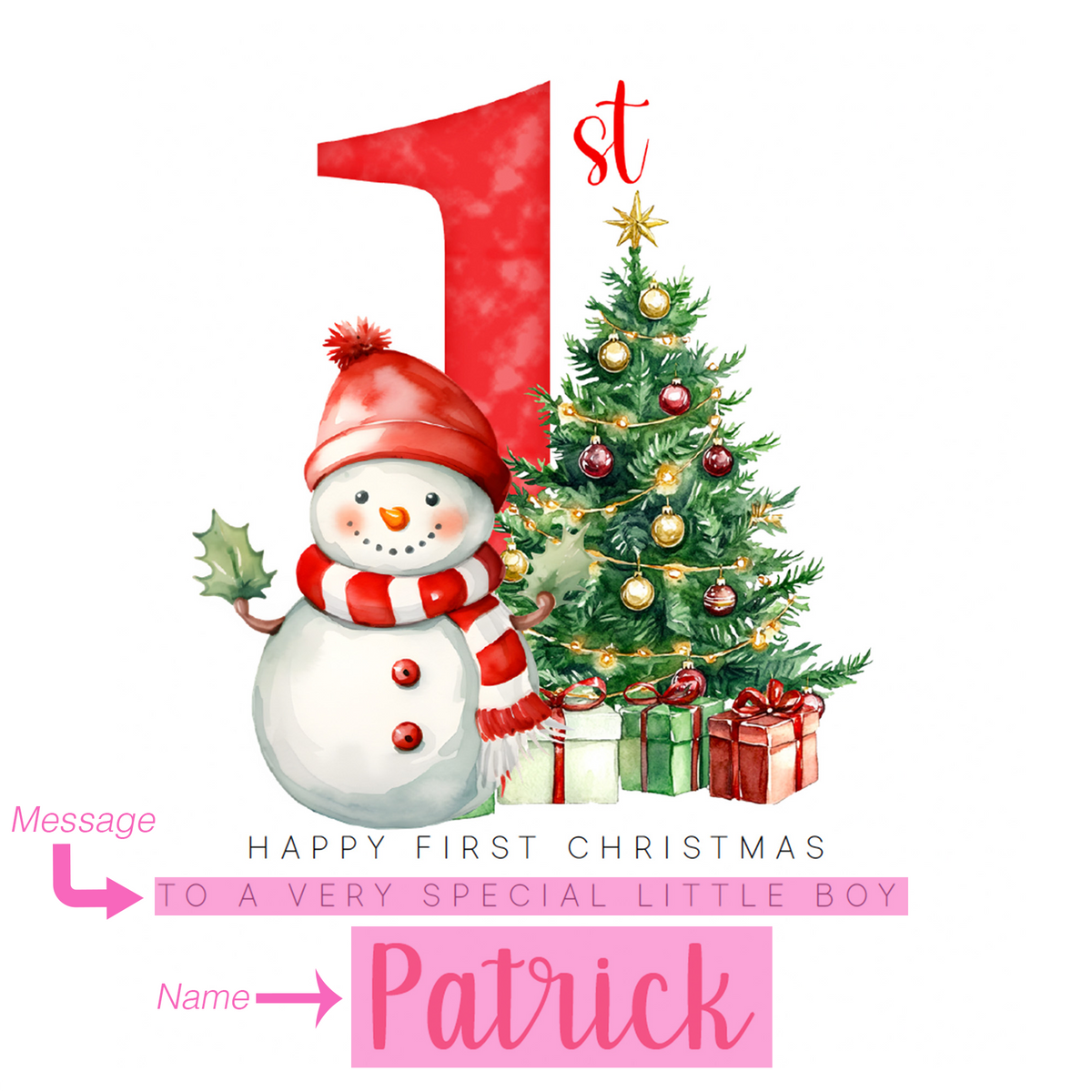 Personalised Baby Boy or Baby Girl's First Christmas Card – Snowman and Xmas Tree