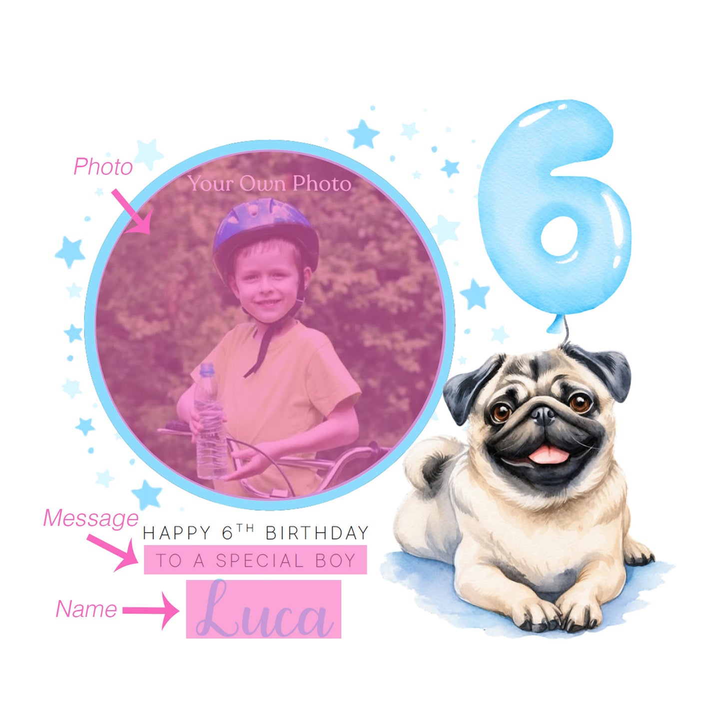 Personalised Photo 6th Birthday Card for Boys – Pug Dog Design with Custom Name and Message, Age 6 Years Old Birthday Card for Dog Lover, Kids, Boy, Son, Grandson, Nephew – Blue Envelope Included