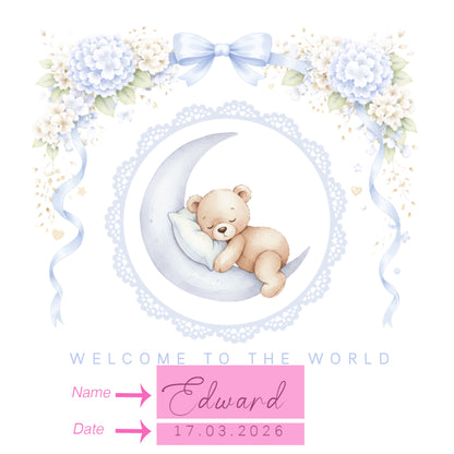 Personalised New Baby Boy Card Congratulations for Newborn Son, Grandson, Nephew, Welcome To The World Card - Cute Teddy Bear Moon Design with Custom Name and Date - Blue Envelope Included