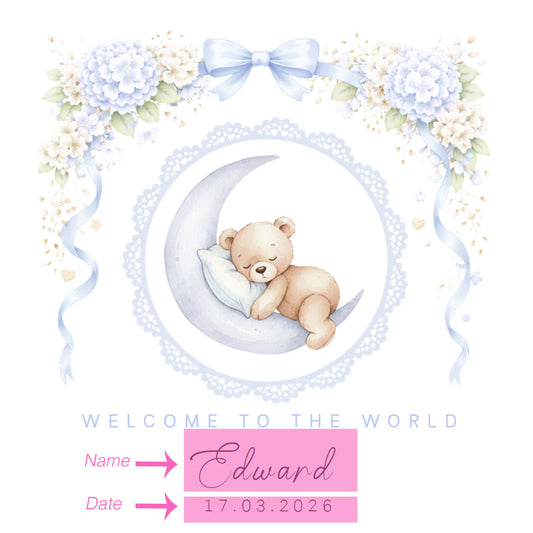 Personalised New Baby Boy Card Congratulations for Newborn Son, Grandson, Nephew, Welcome To The World Card - Cute Teddy Bear Moon Design with Custom Name and Date - Blue Envelope Included