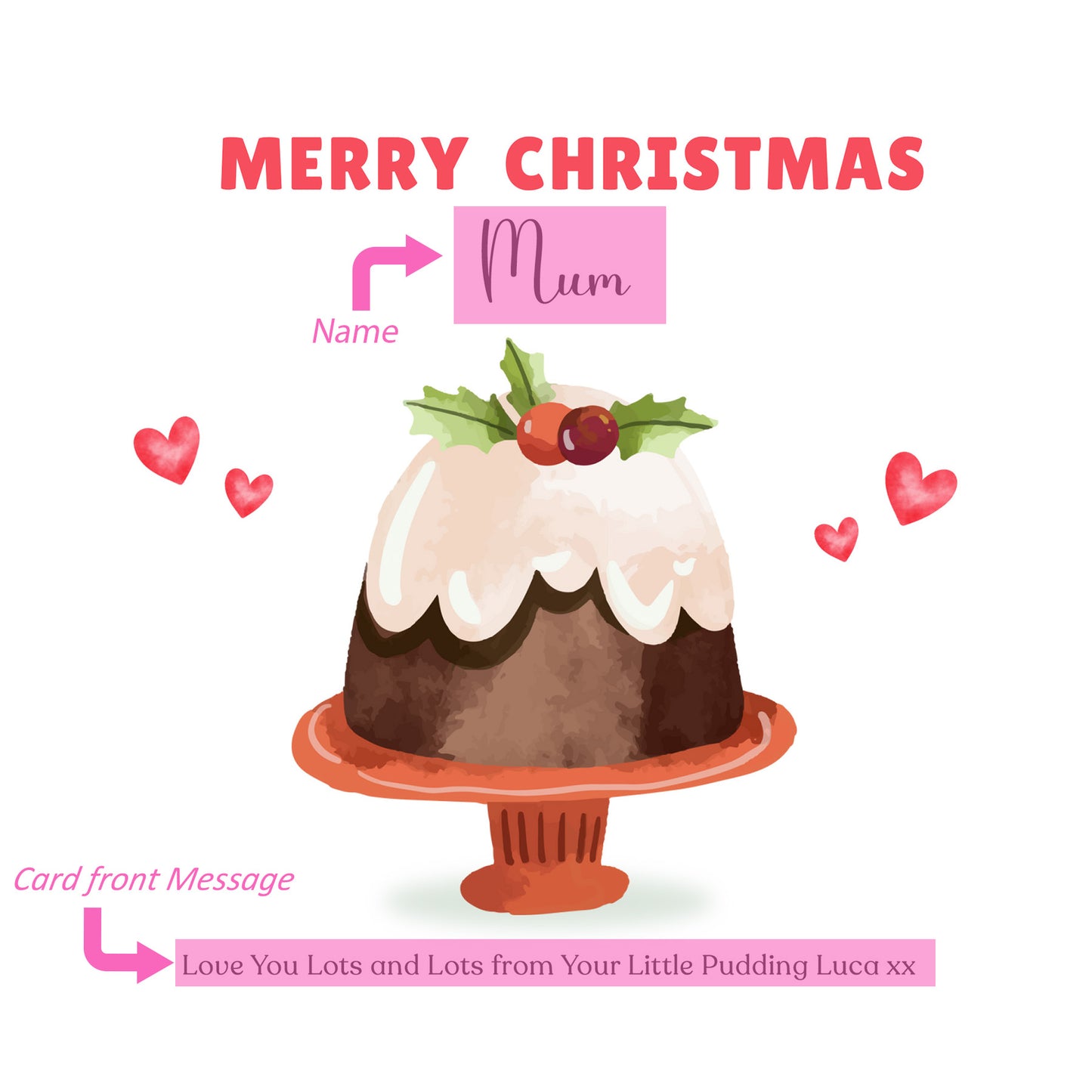 Personalised Christmas Card – Cute Xmas Pudding Design – Funny Festive Card – Customised Name and Message, Xmas Card for Mum, Dad, Boyfriend, Girlfriend, Loved One – Red Envelope Included