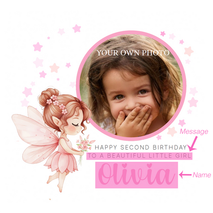 Personalised Photo 2 Years Old 2nd Birthday Card for Toddler Girl – Pink Fairy Design with Custom Photo, Name & Message- Age 2 Birthday Card for Daughter, Granddaughter, Niece with Pink Envelope