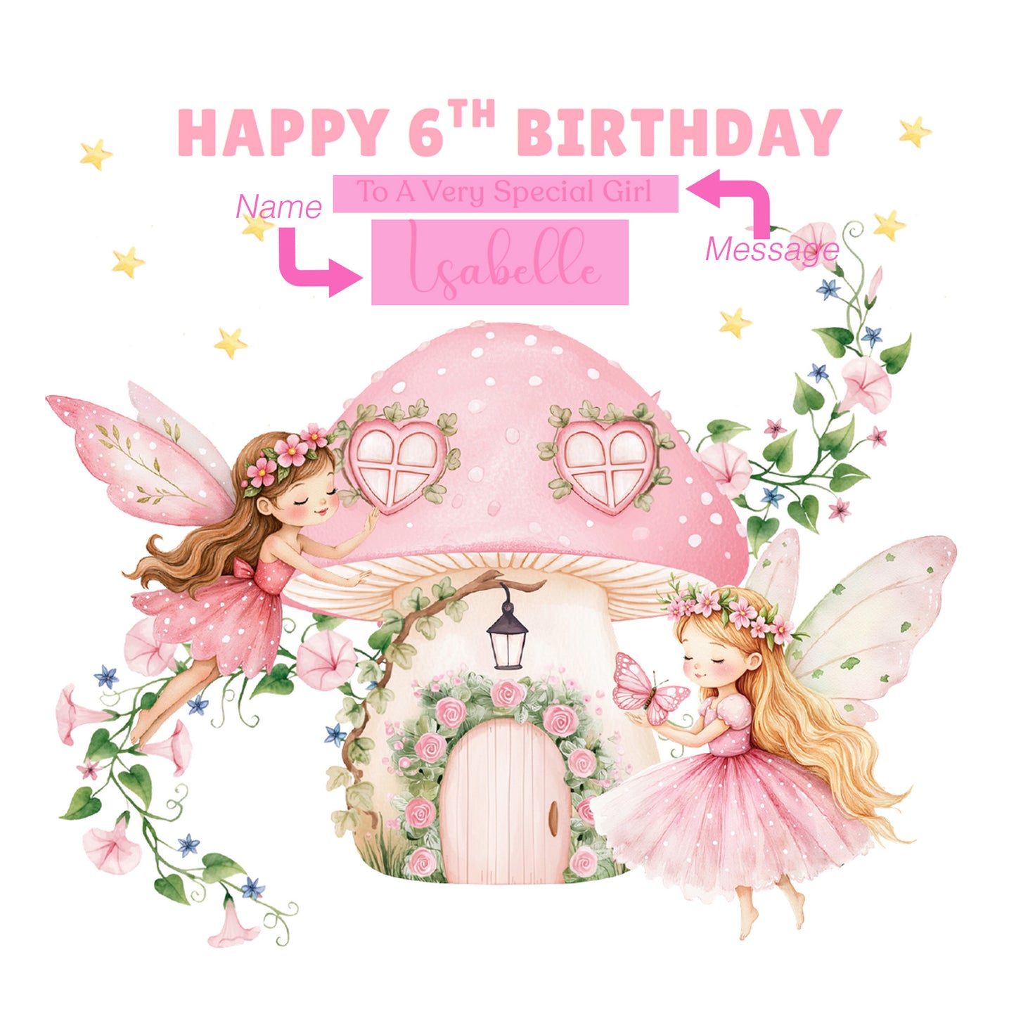 Personalised 6 Years Old 6th Birthday Card for Girls – Magical l Fairy with Custom Name & Message - Age 6 Birthday Card for Kids Children Daughter Granddaughter Niece - Pink Envelope Included