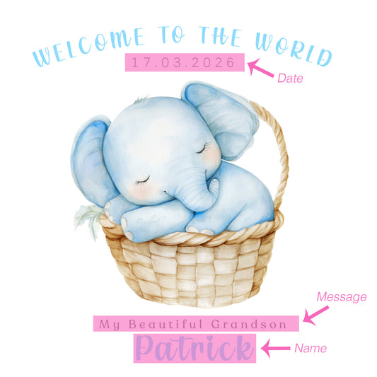Personalised New Baby Boy Card Congratulations for Newborn Son, Grandson, Nephew, Welcome To The World Card - Elephant Design with Custom Date, Name and Message - Blue Envelope Included