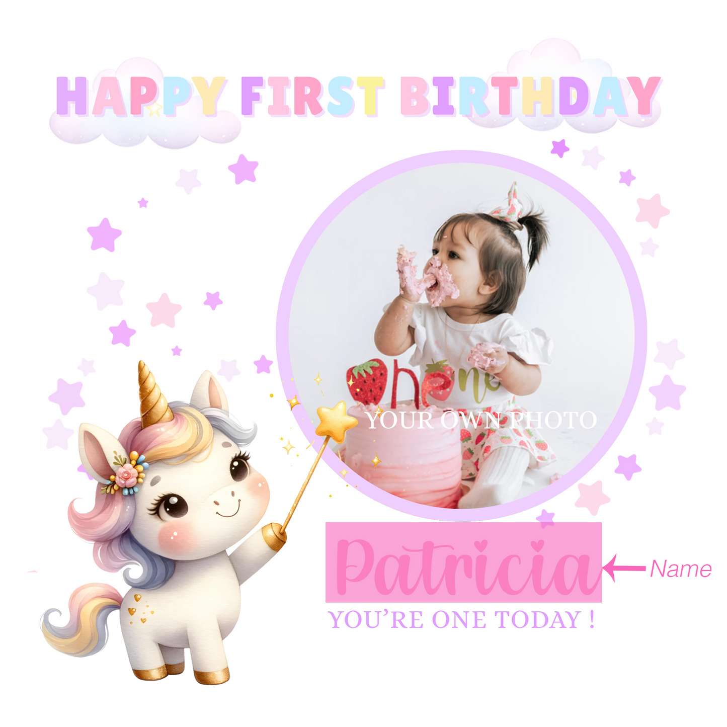 Personalised Photo 1st Birthday Card for Baby Girl – Cute Unicorn Design with Custom Photo and Name – One Year Old First Birthday Card for Daughter, Granddaughter, Niece – Pink Envelope Included