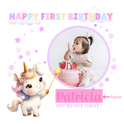 Personalised Photo 1st Birthday Card for Baby Girl – Cute Unicorn Design with Custom Photo and Name – One Year Old First Birthday Card for Daughter, Granddaughter, Niece – Pink Envelope Included