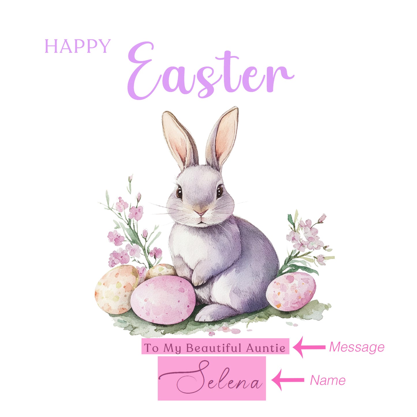 Personalised Happy Easter Card with Custom Name and Message - Purple Bunnies with Easter Eggs Design for Her, Mum, Grandma, Auntie, Daughter, Granddaughter, Niece, Girls – Purple Envelope Included (Copy)